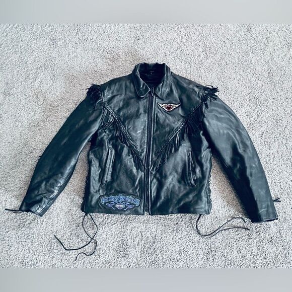 Unik Black Cropped Leather Jacket with Fringe, Harley Patches size Large - Picture 2 of 15